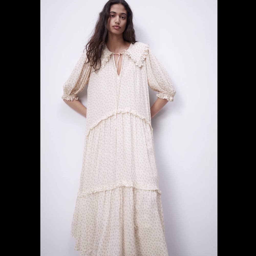 ZARA Floral Printed Muslin Midi Dress Ecru Beige - Picture 2 of 16